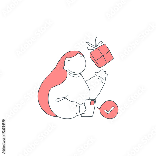 Happy woman uses a smartphone for online shopping. A successful purchase is confirmed with a checkmark. A gift box appears. Vector illustration for people, e-commerce, and loyalty programs