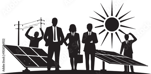 Black silhouettes of businesspeople and worker with solar panels and sun