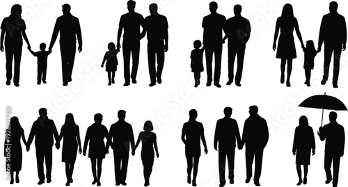 Family and couple silhouettes walking together diverse relationships parents children umbrella care modern lifestyle vector illustration design concept