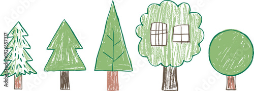 Hand-drawn stylized trees with unique shapes including pine, evergreen, conifer, round canopy, treehouse design for creative nature illustration