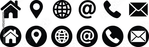 Minimal black and white communication icons set with home, location, globe, email, phone, envelope symbols for web navigation design
