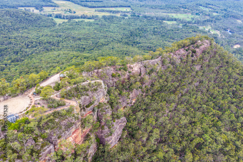 Aerial view over Hargraves Lookout in the Blue Mountains showcasing dramatic escarpments and expansive Grose Valley wilderness.