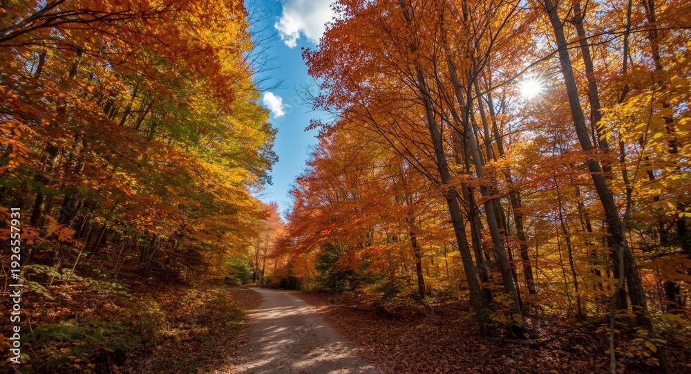 Fototapeta premium Calm hike under a canopy of vibrant autumn leaves with open blue sky