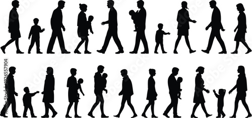 Silhouette family walking together, parents holding children, kids playing, human interaction vector illustration for social behavior design concepts