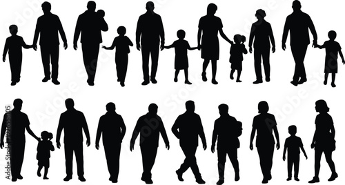 Silhouette illustration of diverse families walking together, parents holding children, community group dynamics, family relationships, social unity concept
