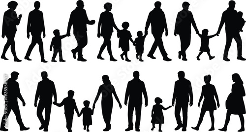 Silhouette illustration of diverse people walking together, family interactions, adults holding children, parenting, lifestyle, teamwork, community, human connection