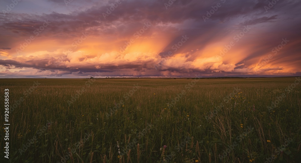 Obraz premium dramatic golden hour clouds enhancing a broad field landscape