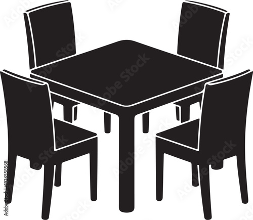Black table and four chairs with white outline dining set