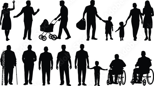 Silhouette illustration showing diverse human life stages including childhood, adulthood, family, elderly, disability,  