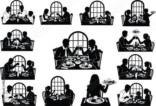 Black and white silhouette collection of families and couples enjoying elegant dining experiences at a restaurant, celebrating with toasts and meals, suitable for hospitality and lifestyle themes.