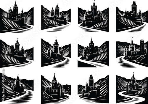 Varied black and white vector illustrations showcasing grand castles on hillsides next to winding rivers and vineyards, presenting diverse medieval architectural styles and scenic views.