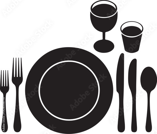 Black table setting with plate glasses and utensils