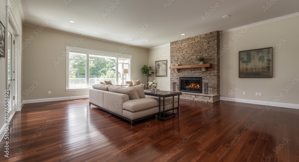 Fototapeta premium Spacious living room featuring hardwood flooring and a cozy fireplace in a new upscale residence