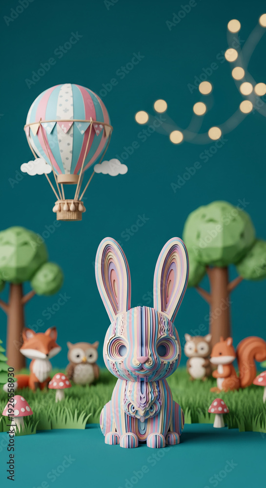 Fototapeta premium Colorful layered rabbit sculpture in forest scene with balloon and other animals, evoking childhood wonder and imaginative play, perfect for fairytale concepts