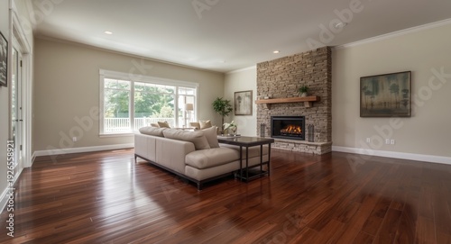 Spacious living room featuring hardwood flooring and a cozy fireplace in a new upscale residence