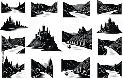 Collection of black and white vector illustrations depicting majestic castles perched on hillsides overlooking winding rivers and villages, evoking fantasy and historical landscapes.