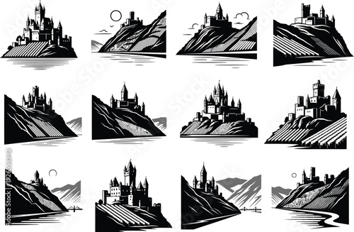 Collection of stylized black and white vector illustrations featuring castles on steep hillsides overlooking winding rivers, with a focus on dramatic landscapes and architectural details.