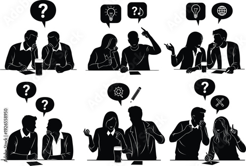 Stylized illustrations of people in thought and discussion, featuring question marks, lightbulbs, and gears, symbolizing brainstorming, problem-solving, and idea generation in black and white.