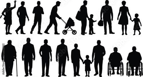 Silhouette people in diverse daily activities, families, seniors, children, wheelchair users, walking, standing, caregiving, inclusive vector illustration design