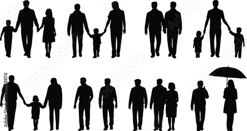 Silhouette people walking together, families holding hands, umbrella figure, human interaction vector illustration for social lifestyle and design concepts