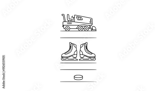 stamp with a text Vertical Ice Rink Linear Illustration Featuring Zamboni Skates and Hockey Puck Vector