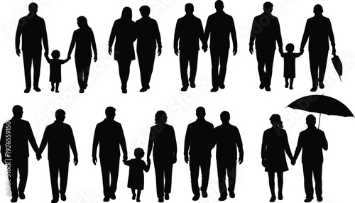 Silhouette vector of couples, families, and groups walking, standing, holding hands, umbrella figures, social interaction, relationship representation