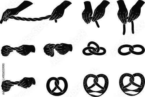 Black and white vector graphic showcasing the process of hands forming a pretzel from twisted dough to the iconic knot shape.