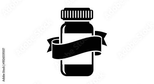 Black and white illustration of a medicine bottle with a ribbon label.