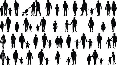 Vector silhouettes of diverse family groups including parents and children in various poses, highlighting relationships, unity, and generational bonds