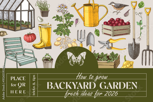 Backyard garden vector background with hand drawn illustrations