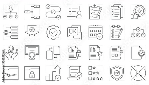 Validation related editable stroke line icons set.