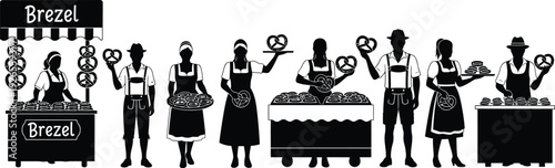 Black and white illustration of pretzel vendors and customers at a street market, featuring traditional Bavarian attire and signage.
