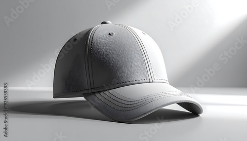 A modern baseball-style cap, rendered with smooth, white surfaces and delicate stitching details under dramatic lighting