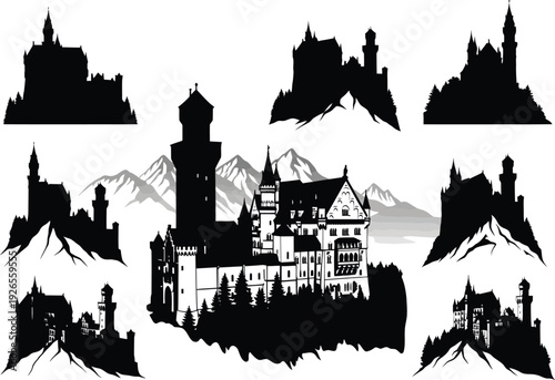 Collection of black and white vector illustrations of a grand castle silhouetted against mountains, showcasing intricate details and dramatic perspectives.