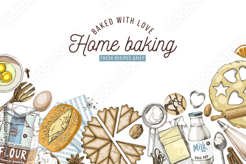 Home baking background with tools and utensils