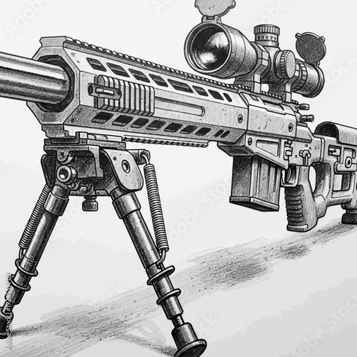 Detailed illustration of a modern sniper rifle with scope and bipod