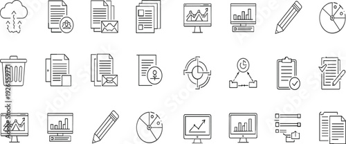 Business Document and Analytics Line Icon Set with Reports, Charts, Target, Workflow, Approval, and Office Management Symbols