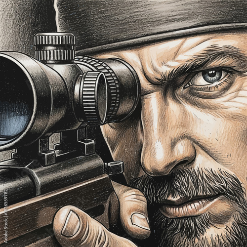 Man with sniper rifle scope, intense gaze, focused on target