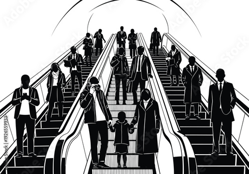Diverse group of people ascending and descending escalators, depicted in dynamic black and white silhouettes.