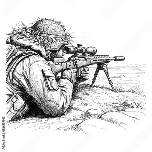 Sniper aiming rifle with scope, camouflage, military, sketch