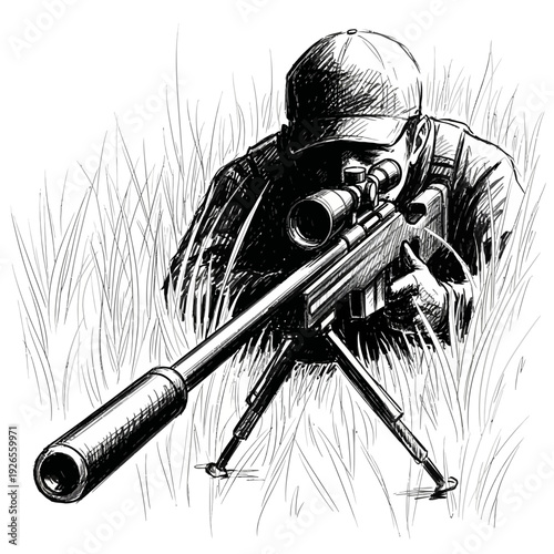 Sniper aiming through scope in tall grass, military or hunting illustration