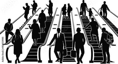 Silhouettes of diverse people using escalators in a modern setting, conveying movement and urban transit.