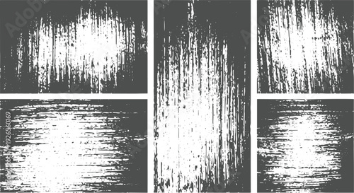 Collection of five dark gray grunge textures with various distressed effects and rectangular shapes on a transparent background for creative use