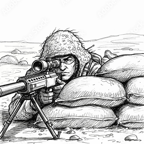 Sniper in camouflage aiming rifle from fortified position