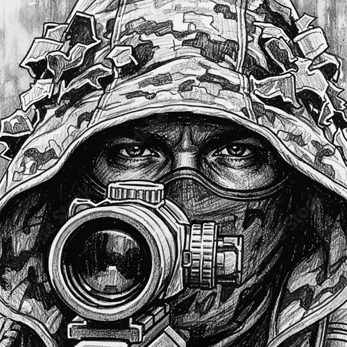 Sniper camouflage, tactical gear, intense gaze, scope view, pencil sketch.