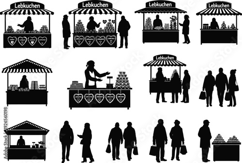 Collection of silhouettes depicting customers and vendors at festive gingerbread stalls during the Christmas season.
