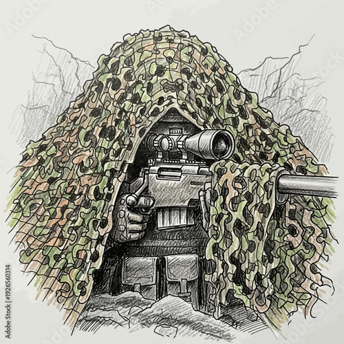Sniper in camouflage ghillie suit aiming rifle, military, warfare, hidden, ambush, surveillance