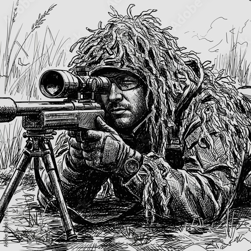 Sniper in camouflage suit aiming rifle with scope