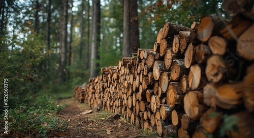 Wood cuttings left by forest edge of broadleaf tree stand