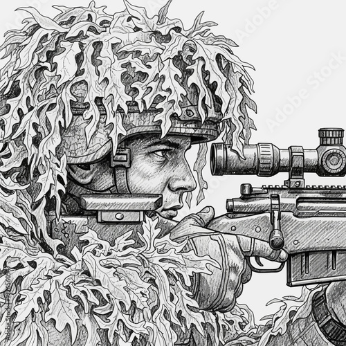 Sniper in camouflage suit aiming rifle, detailed illustration